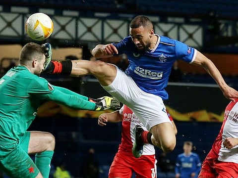 Rangers forward Kemar Roofe was sent off for a horror challenge on Slavia Prague goalkeeper Ondrej Kolar