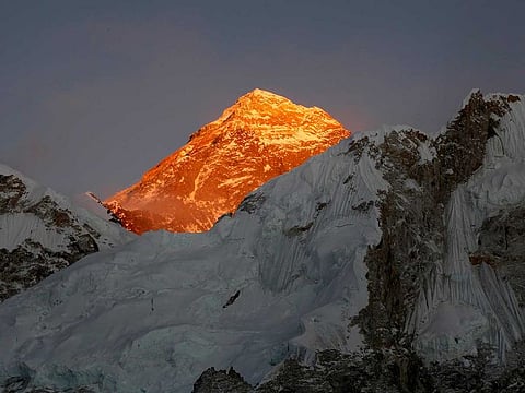 In this Nov. 12, 2015 file photo, Mt. Everest is seen from the way to Kalapatthar in Nepal. A Swiss climber and an American have died on Mount Everest in the season's first casualties on the world's highest mountain, expedition organizers said Thursday. 