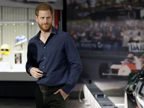 In this Friday March 6, 2020, file photo, Britain's Prince Harry visits the Silverstone Circuit, in Towcester, England.