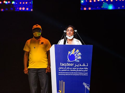 Sushmita Kallakunta, who works as a frontline worker in the UAE, is the daughter of Ananda Kumar Kallakkunta (left), a senior operator at Kimoha Entrepreneurs. They were among those who addressed the 4th cycle of the Taqdeer Award ceremony in Dubai on Monday. 