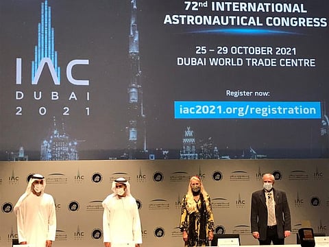 From left: Yousuf Hamad AlShaibani, Mohammed Bin Rashid Space Center (MBRSC) Director General; Salem AlMarri, MBRSC deputy director general; Prof. Pascale Ehrenfreund, president of International Astronautical Federation (IAF); and Dr. Christian Feichtinger, IAF executive director