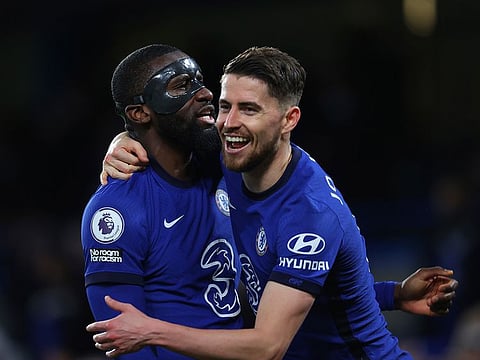 Chelsea's Jorginho, right, celebrates with Chelsea's Antonio Rudiger after scoring his side's second goal.