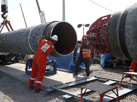 Workers are seen at the construction site of the Nord Stream 2 gas pipeline, near the town of Kingisepp, Leningrad region, Russia, June 5, 2019.