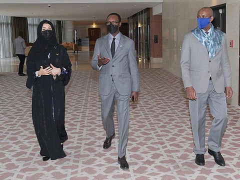 Reem Ebrahim Al Hashemi, UAE Minister of State for International Cooperation with Emmanuel Hategeka, Ambassador of Rwanda to the UAE (centre) and Minister Counsellor Edouard Bizumuremyi at a commemoration event on Friday, May 21 in Dubai. 