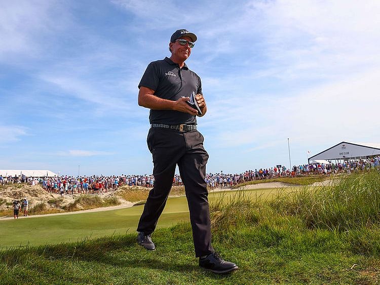 Phil Mickelson walks off the 10th tee during the third round of the 2021 PGA Championship at Kiawah Island 