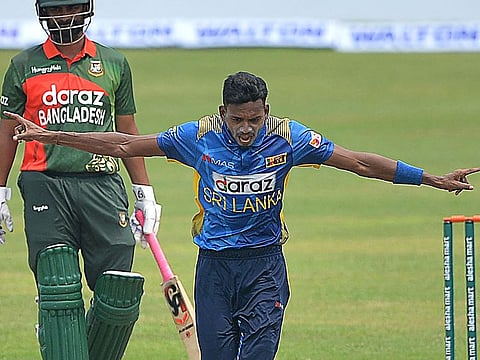 Sri Lanka's Dushmantha Chameera celebrates the dismissal of Bangladesh's wicketkeeper Liton Das 
