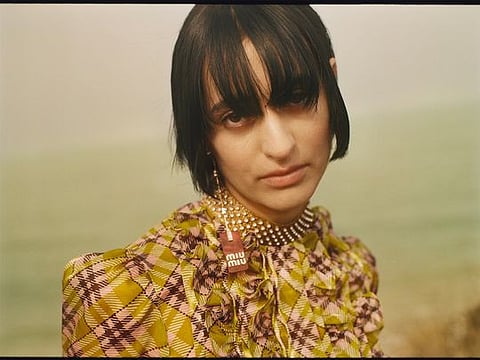  Miu Miu plexi earrings & organza top 