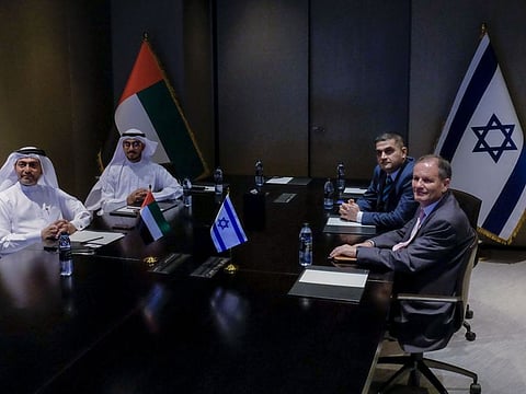 (From left) Mansoor AL Marzooqi, along with his father Mohamed bin Abdullah Al Marzooqi, and Ambassador Ilan Sztulman Starosta, Head of Mission Consulate General Of Israel in Dubai, along with Merzi Sodawaterwala, Founder and Chairman of International Federation of Indo-Israel Chambers of Commerce (IFIICC), meet for the conference with the official of University in Israel at Armani Hotel in Dubai. 