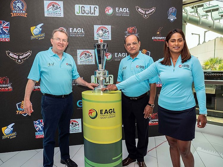 Emirates Amateur Golf League (EAGL) Tournament Director, Nick Tarratt with Sripriyaa Kumaria, League Administrator, and Sudesh Aggarwal, creator of the tournament Pic 