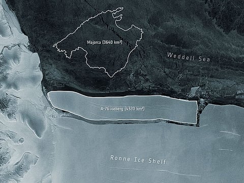 This handout image provided by the European Space Agency (ESA) shows a representation of the size of an which iceberg has calved from the western side of the Ronne Ice Shelf, lying in the Weddell Sea, in Antarctica. 