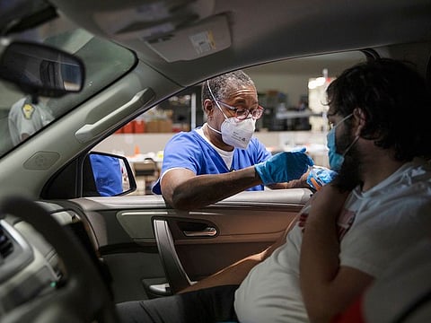 A drive-through coronavirus vaccination site inside a venue at the fairgrounds in Columbus, Ohio, May 13, 2021