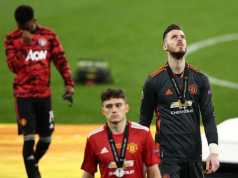Manchester United goalkeeper David de Gea after receiving his silver medal after losing the Uefa League final to Villarreal