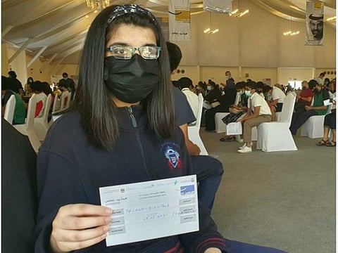 Indian student Mishal Faraz, 14, Grade 9 at The Winchester School, Jebel Ali after getting her vaccine jab in Dubai on Friday, May 28.