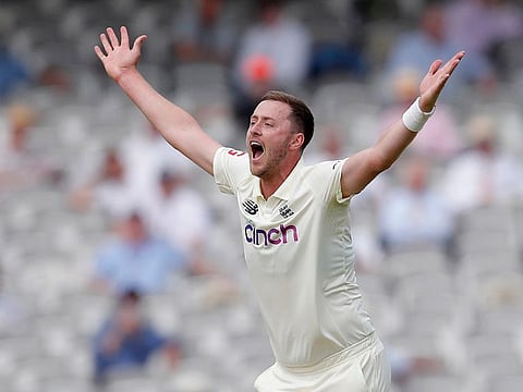England's Ollie Robinson appeals for a wicket against New Zealand.