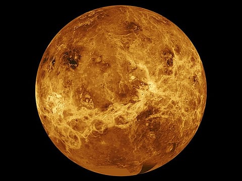 This image made available by NASA shows the planet Venus made with data from the Magellan spacecraft and Pioneer Venus Orbiter. 