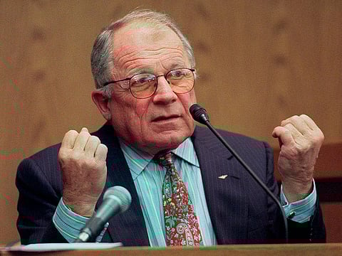 In this Monday, Feb. 14, 2000, file photo, F. Lee Bailey testifies during cross examination in the third trial of Dr. Sam Sheppard in Cleveland. 