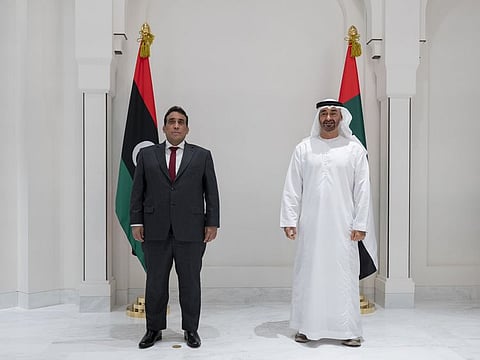 Sheikh Mohamed Bin Zayed receives Mohamed Younis Al-Manfe at Al Shati Palace.