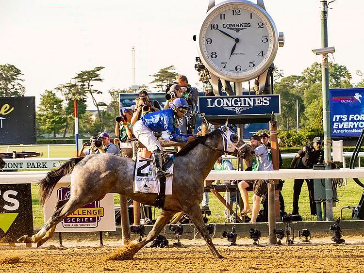 Essential Quality, ridden by Luis Saez, wins the 153rd running of the Belmont Stakes