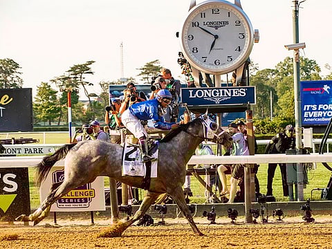 Essential Quality, ridden by Luis Saez, wins the 153rd running of the Belmont Stakes