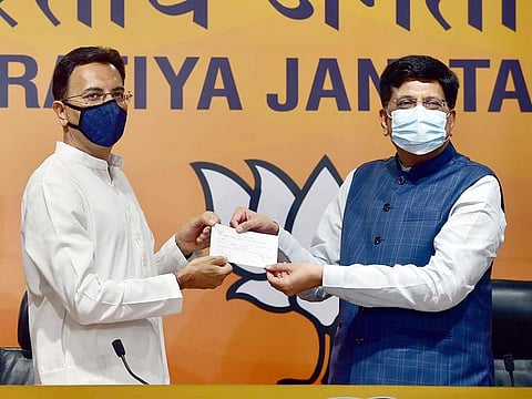 Congress leader Jitin Prasada with Union Minister Piyush Goyal, during his BJP joining ceremony at BJP headquarters in New Delhi