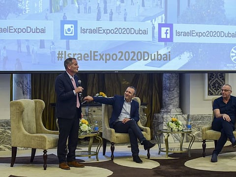 From left: Ilan Sztulman Starosta, Consul General of the Israeli Consulate in Dubai, Elazar Cohen, Commissioner General Israel Pavilion and Josh Bendit, Pavilion Director, address the media on Wednesday.
