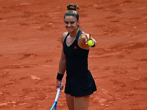 Greece's Maria Sakkari celebrates after shutting out Poland's defending champion Iga Swiatek in their women's singles quarter-final match on Wednesday.