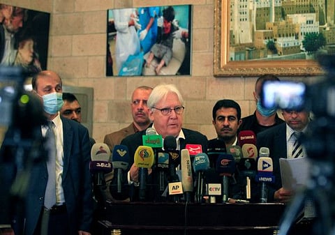 UN Special Envoy for Yemen Martin Griffiths speaks during a press conference at Sana'a's international airport in the Yemeni capital on May 31, 2021. The airport has been closed since 2015 with the exception of UN flights.