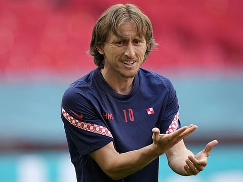 Croatia's Luka Modric gestures during a team training session at Wembley stadium in London. Croatia face England in the Euro 2020 Group D clash today.