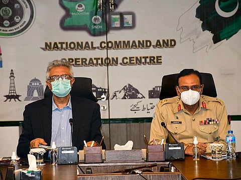 Dr Faisal Sultan, adviser to the prime minister on health affairs, and NCOC director general Maj Gen Asif Mehmood Goraya during an exclusive briefing on Pakistan’s vaccination strategy. 