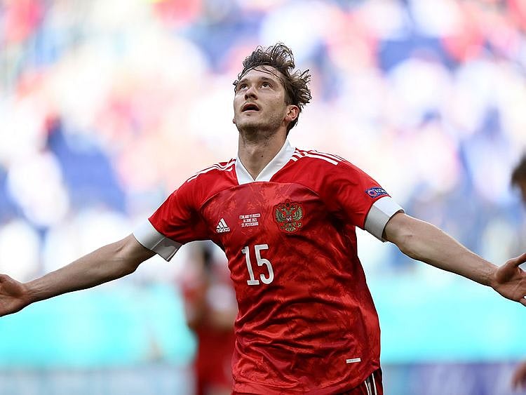 Russia's Aleksei Miranchuk celebrates after scoring against Finland