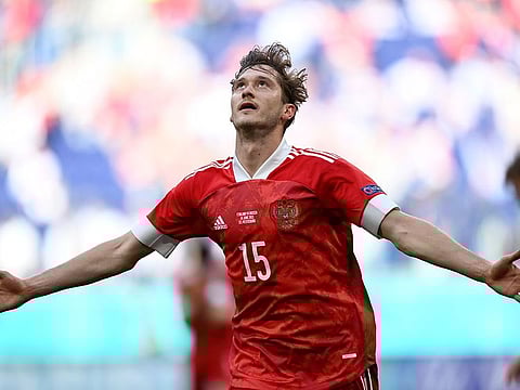 Russia's Aleksei Miranchuk celebrates after scoring against Finland