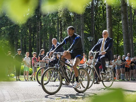 Georginio Wijnaldum of the Netherlands arrives for a training session in Zeist, Netherlands before their Euro 2020 championship Group C match against Austria today.