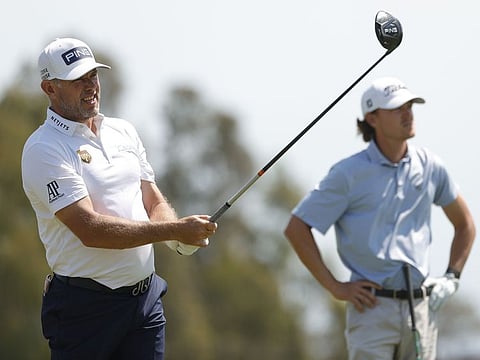 Lee Westwood looks on from the 15th tee during a practice round prior to the start of the 2021 US Open at Torrey Pines. 