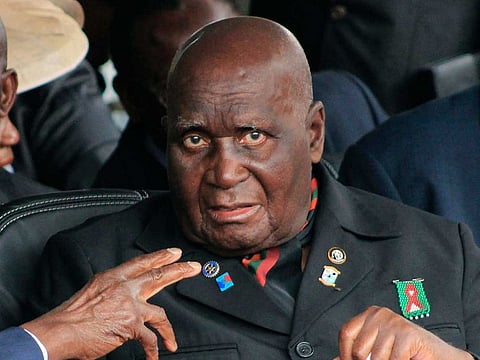In this Jan. 25, 2015 file photo, former Zambian president, Kenneth Kaunda, attends the inauguration ceremony of the Patriotic Front's Edgar Lungu, in Lusaka. 