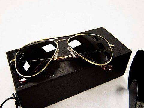 A pair of Randolph Aviator Sunglasses, in the Concord style, are shown at Randolph Engineering in Randolph, Massachusetts.  