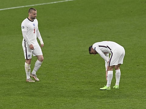 England's Luke Shaw looks disappointed after the Euro 2020 championship Group D match against Scotland, at Wembley stadium, in London. The match ended 0-0.