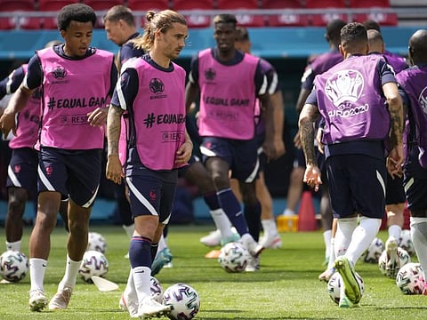 France's Antoine Griezmann at a training session at the Ferenc Puskas stadium in Budapest, Hungary. France play Hungary in their Euro 2020 championship Group F match today.