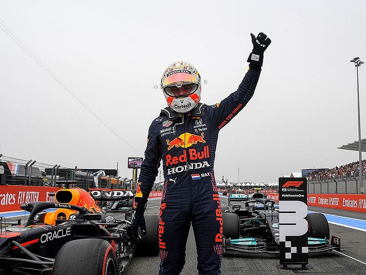 Max Verstappen celebrates his pole position in France
