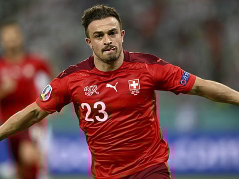 Switzerland's Xherdan Shaqiri celebrates scoring his side's third goal during the Euro 2020 championship Group A match between against Turkey at the Baku Olympic Stadium in Baku, Azerbaijan.