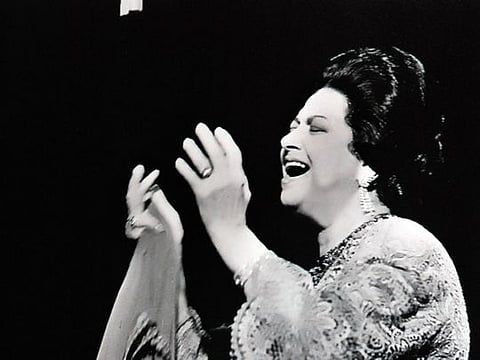 A file image of Umm Kalthoum performing at the Olympia concert hall in Paris, Nov. 14, 1967. A multimedia exhibition in Paris offers a rich flashback to a period between the 1920s and the 1970s when many female performers took center stage. 
