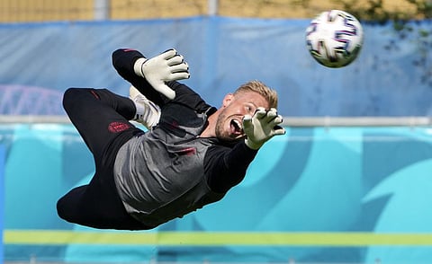 Denmark's goalkeeper Kasper Schmeichel in action during a training session in Helsingor, Denmark before their Euro 2020 championship Group B match against Russia today.