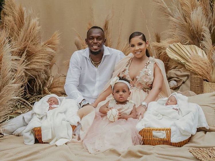 Usain Bolt with partner Kasi, daughter Olympia Lightning and new twins Thunder and St Leo