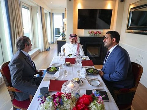 Saudi Arabia Foreign Minister Prince Faisal bin Farhan meets Rafael Grossi, Director-General of the International Atomic Energy Agency (IAEA) in Austra, Monday May 21, 2021.