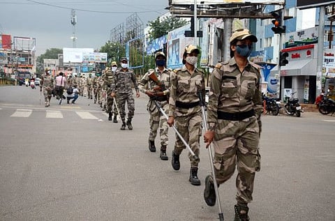 Security personnel participate in a mock drill for complete lockdown on weekend amid rising COVID19 cases in Ranchi.