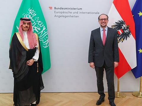 Saudi Foreign Minister Prince Faisal bin Farhan and Austrian counterpart Alexander Schallenberg.