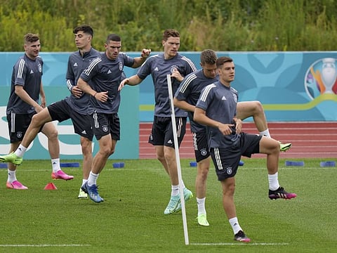 Germany's players during a training session in Herzogenaurach, Germany ahead of their Group F Euro 2020 match against Hungary today.