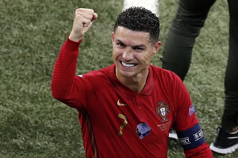 Portugal's Cristiano Ronaldo reacts after Euro 2020 championship Group F match against France at the Ferenc Puskas stadium in Budapest, Hungary.
