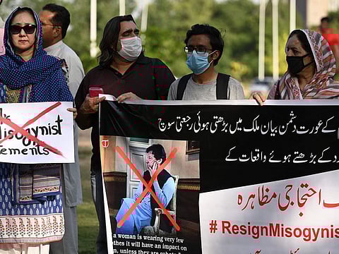 Activists of civil society taking part in a protest in Islamabad demanding an apology from prime minister Imran Khan after he linked the rise in rape cases on women wearing "very few clothes". 
