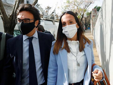 Agustina Cosachov (right), psychiatrist of late Argentine soccer legend Diego Maradona arrives to a prosecutor's office in San Isidro, accompanied by her lawyer, Vadim Mischanchuk, in Buenos Aires, on June 25, 2021. 
