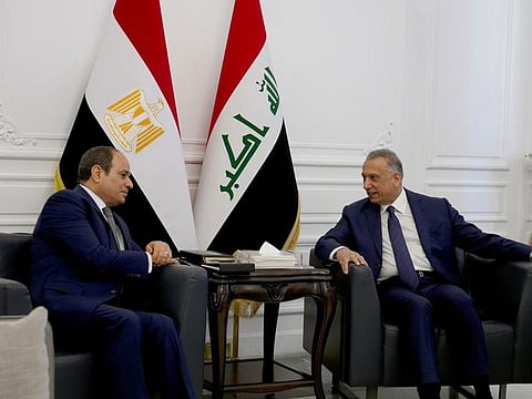 Iraqi Prime Minister Mustafa Al Kadhimi (right) meets Al Sissi in Baghdad. 